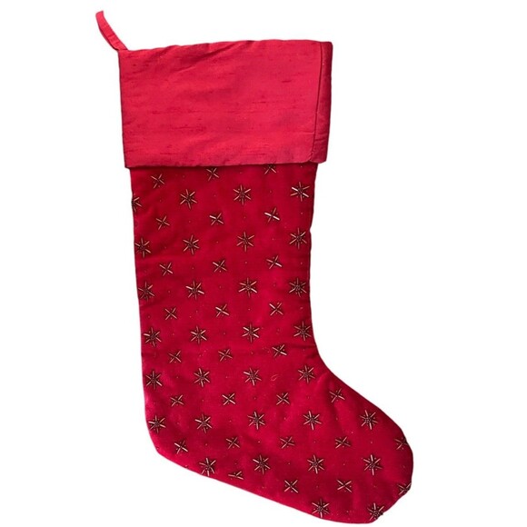 Pottery Barn Other - Pottery Barn Red Velvet Christmas Stocking Silk Cuff Glass Beads 19-1/2"